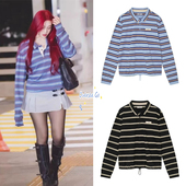 GLOWNY 条纹长袖 朴秀荣同款 现货 美式 复古拼色 T恤polo衫 上衣女