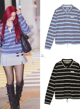 现货 GLOWNY 朴秀荣同款 美式复古拼色 条纹长袖T恤polo衫上衣女
