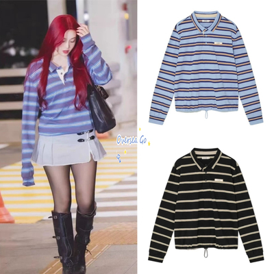 复古拼色条纹长袖T恤polo衫上衣