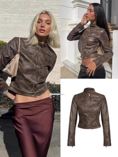 现货 Lioness 卢昱晓同款 美式复古做旧立领PU皮机车皮衣夹克外套