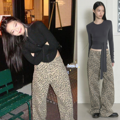 金智妮同款高腰豹纹长裤休闲裤