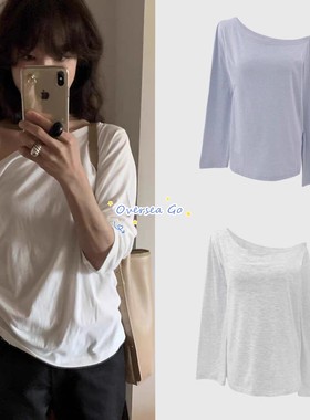 现货 韩国Dearest 2025秋季新款 纯色洋气百搭露肩斜领长袖T恤女