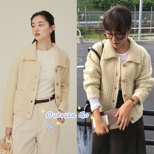 国内现货 howus 22新款毛衣 小香风翻领华夫格长袖羊毛针织开衫女