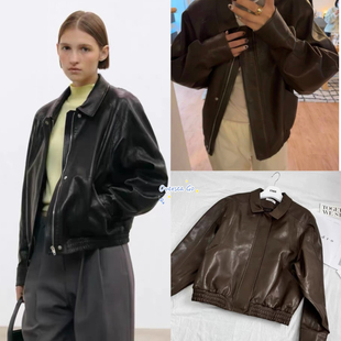 现货 ETHOS 2024早秋新款 复古慵懒机车风羊皮夹克外套皮衣女