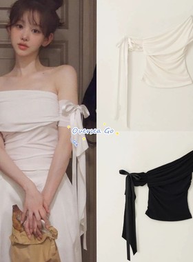 现货 thetis 2025夏季新款复古一字领露肩手臂绑带不规则短袖T恤