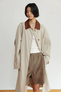 现货 moondal 2025秋季新款 撞色翻领宽松休闲中长款风衣外套女