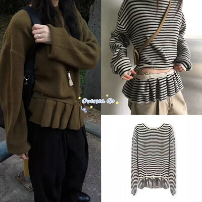 现货 breathe韩国复古慵懒风百搭圆领纽扣裙摆可分开针织衫毛衣女