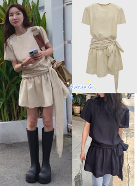 现货 韩国正品 Dearest 24新款 纯色甜美百搭绑带收腰短袖连衣裙