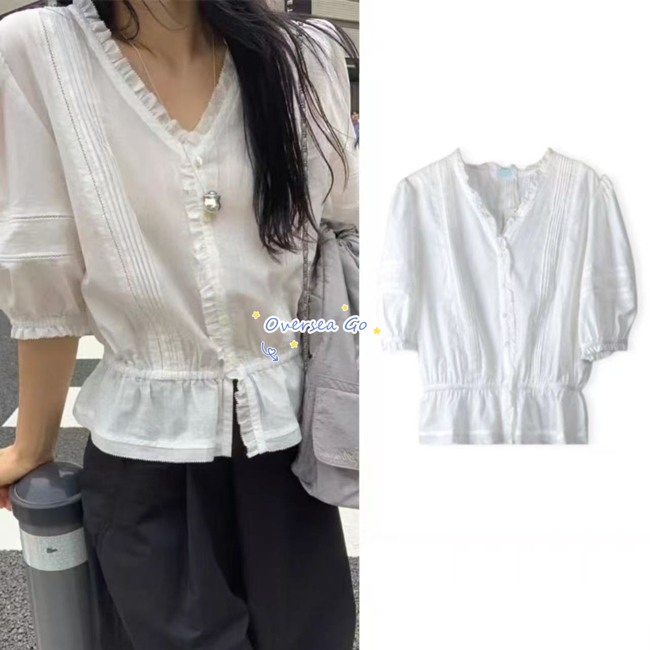 法式V领荷叶边纽扣泡泡袖衬衫女