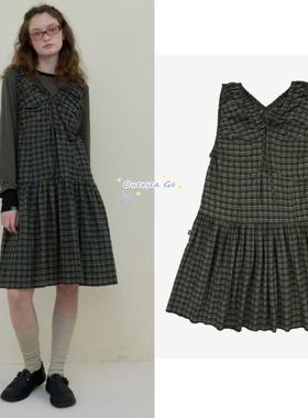 现货 nocontent 2025秋季新款复古休闲格子V领系带无袖背心连衣裙