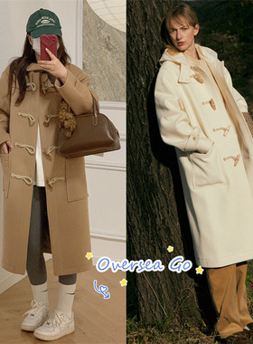 现货 韩国美娜家Lerobe 22新款牛角扣羊毛呢连帽外套中长款大衣女