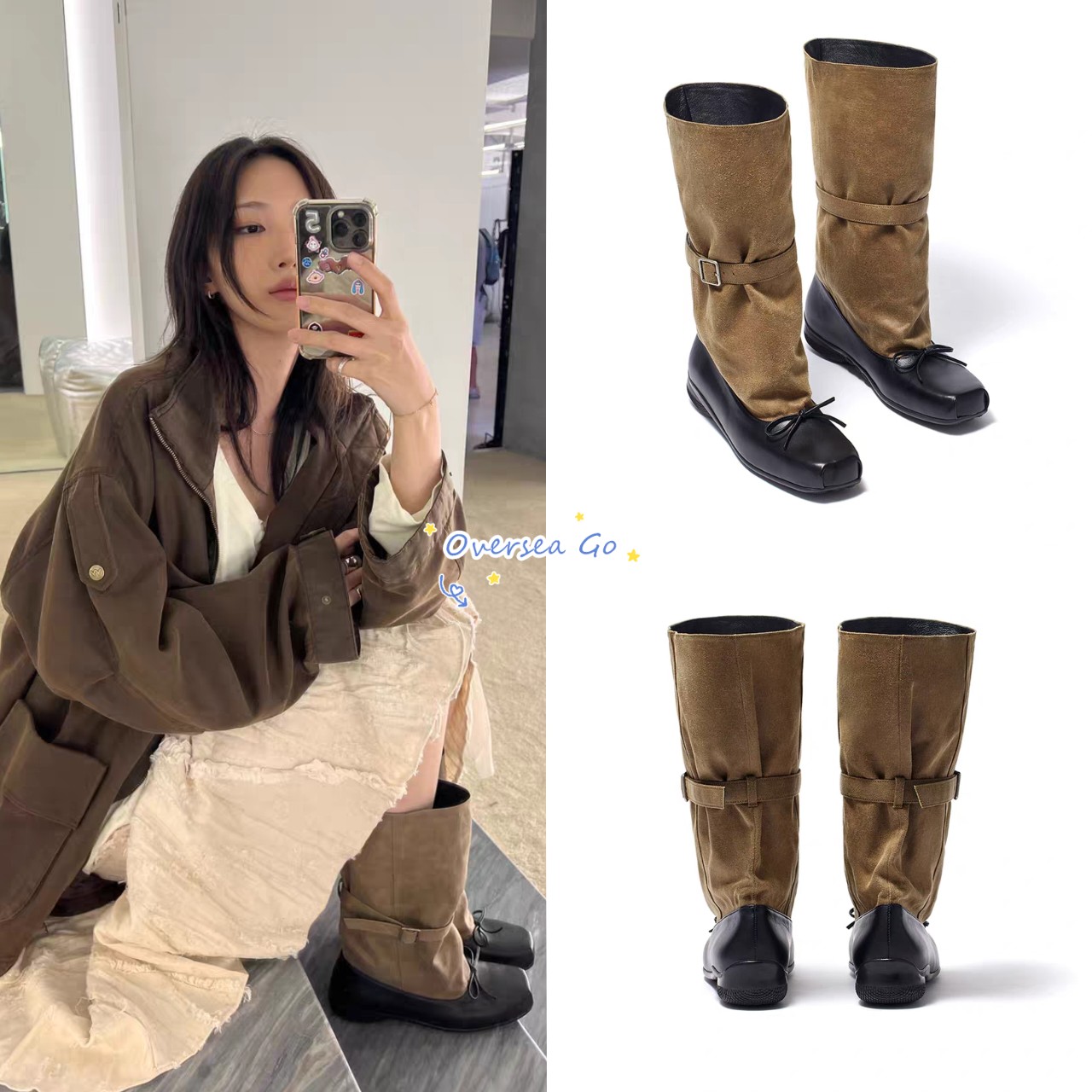 现货 OPEN YY 25秋冬新款BALLET复古拼色芭蕾舞中筒靴平底单靴女