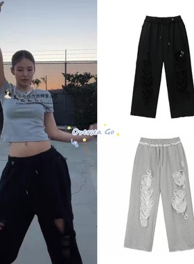 现货 treemingbird  金智妮 Jennie同款美式街头风毛边破洞休闲裤
