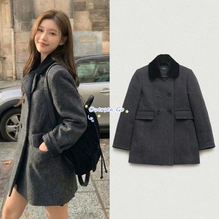 现货韩国 the barnnet八奶可拆卸丝绒翻领双排扣羊毛呢大衣外套女