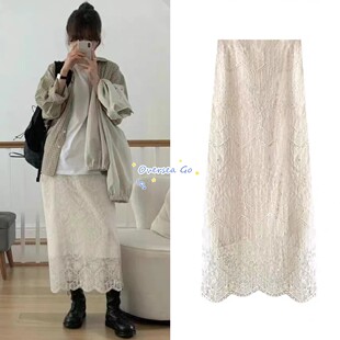 现货 韩国ounce 26新款 法式直筒气质蕾丝刺绣修身长裙显瘦半身裙