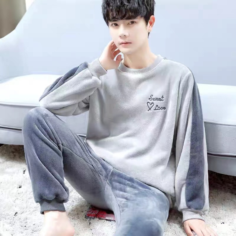 睡衣男士珊瑚绒加绒加厚保暖套装