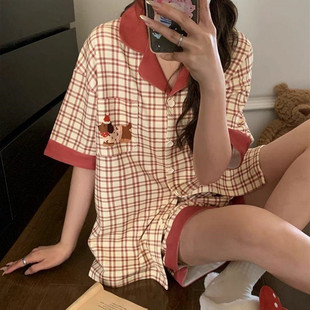 睡衣女夏季 韩版 2025新款 纯棉短袖 ins可爱甜美格子大码 家居服套装