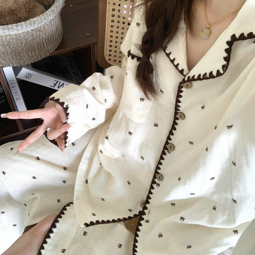 韩版ins风睡衣女纯棉花边家居服
