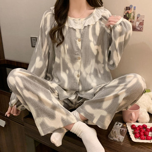 带胸垫睡衣女春秋季 纯棉长袖 公主风可爱甜美大码 可外穿家居服套装