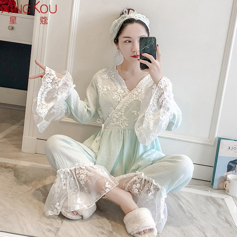 2026年新款睡衣女春秋可外穿套装蕾丝汉服日系秋冬纯棉长袖家居服