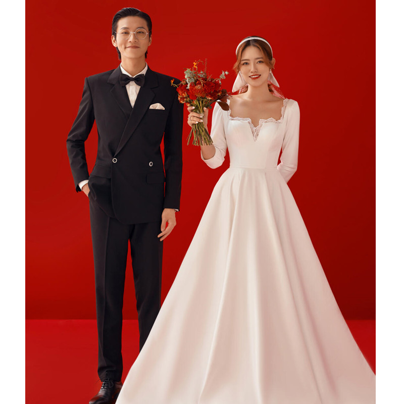 缎面法式轻婚纱超仙2026春季新娘赫本简约显瘦白色长袖出门婚纱