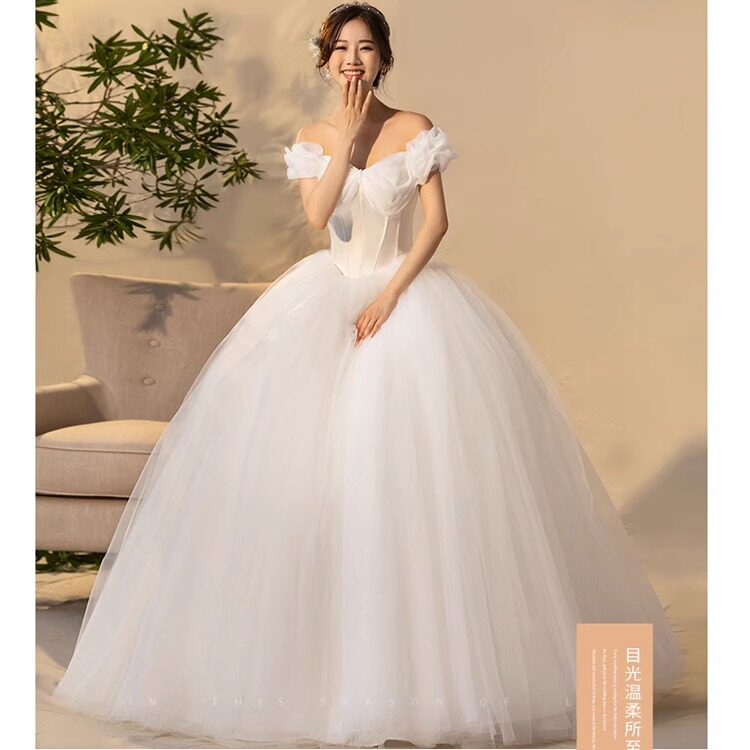 抹胸轻婚纱2026新款一字肩泡泡袖孕妇新娘齐地高腰公主蓬蓬裙显瘦