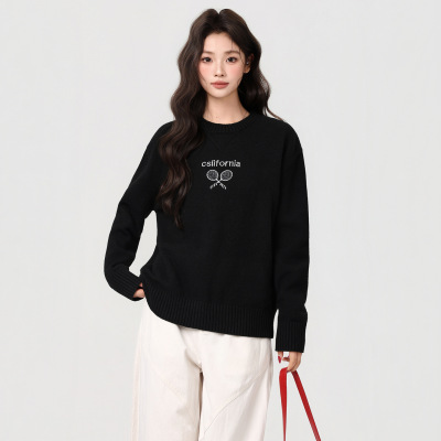 黑色高级感刺绣针织毛衣外套长袖秋冬季新款加厚打底衫内搭上衣女