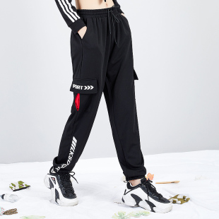 子 女显瘦高腰嘻哈宽松运动休闲束脚舞蹈女长裤 黑色弹力棉料工装 裤