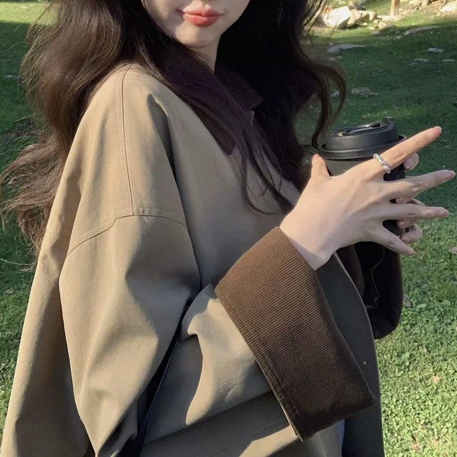 张贝贝1ibell天丝棉灯芯绒拼接工装风衣落肩复古单排扣外套女
