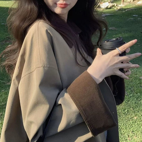 张贝贝1ibell天丝棉灯芯绒拼接工装风衣落肩复古单排扣外套女