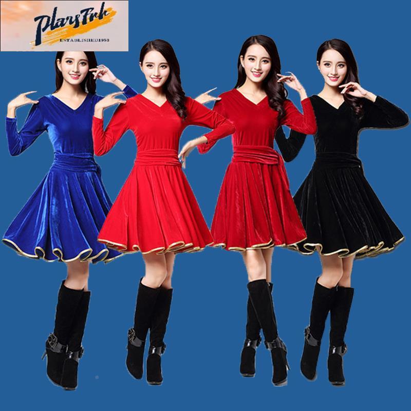 广场舞服装金丝绒长袖连衣裙双V领服装中老年拉丁舞健身演出服女