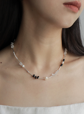 原创黑玛瑙水晶手工串珠项链s925