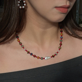 est studio原创复古天然石红米珠手工串珠项链女新中式 新年毛衣链