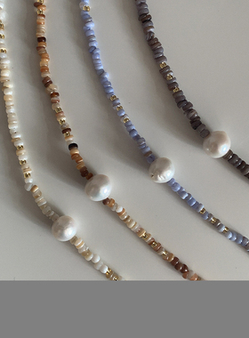 est studio原创设计复古碎贝壳珠淡水珍珠手工串珠项链叠戴锁骨链