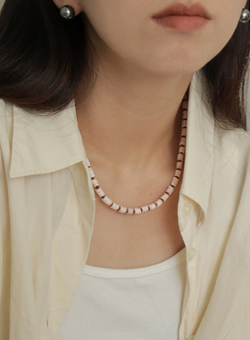 est studio原创手作天然粉贝壳撞色米珠串珠项链女百搭叠戴毛衣链