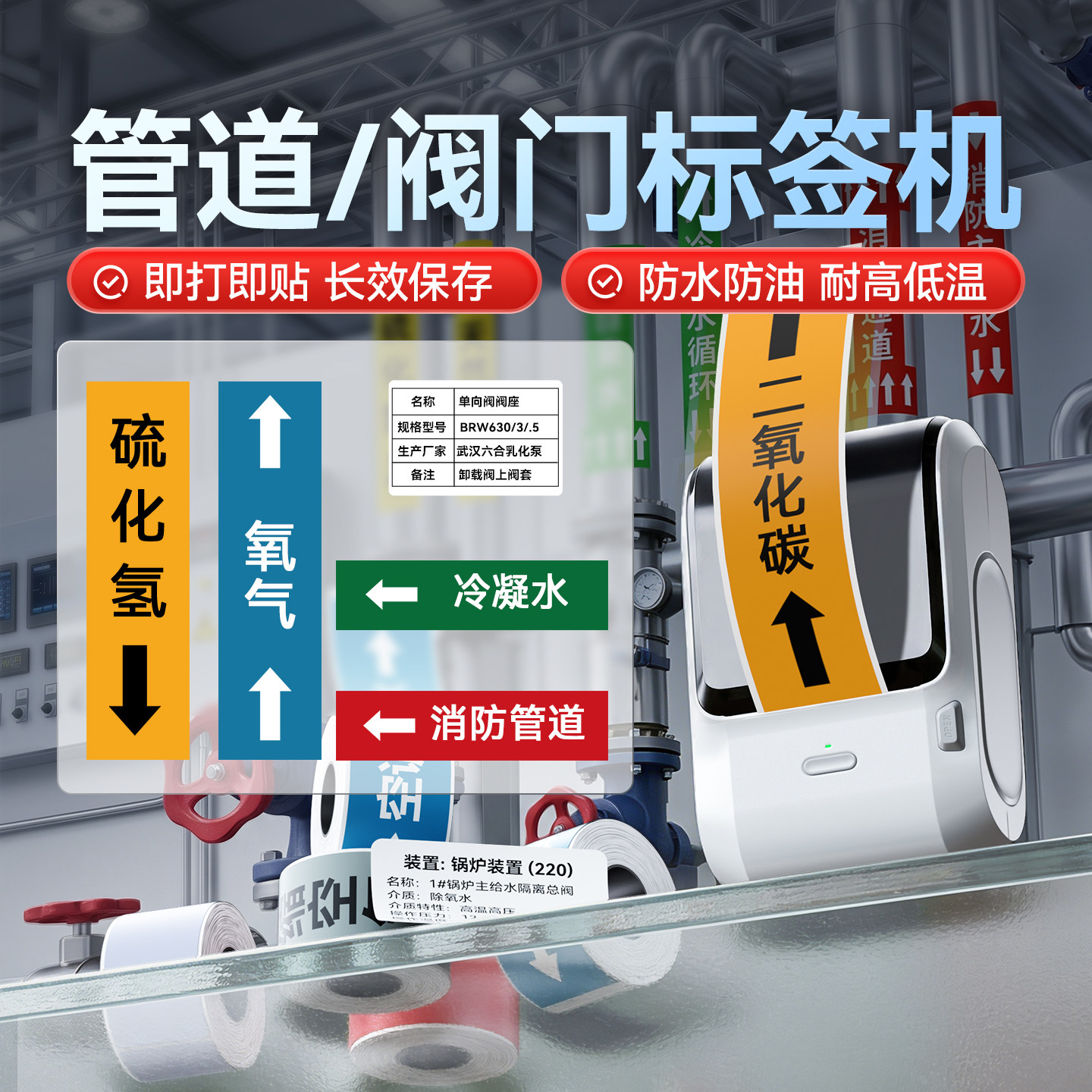 精臣M3管道标识标签打印机阀门标牌6s管理热转印国标化工业介质空气天然气消防自来水进回水流向箭头指示贴纸