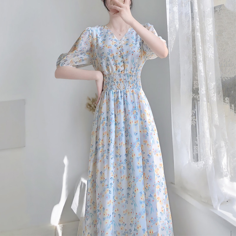 2024夏大码碎花雪纺连衣裙夏季新款法式茶歇仙女裙胖mm收腰显瘦气