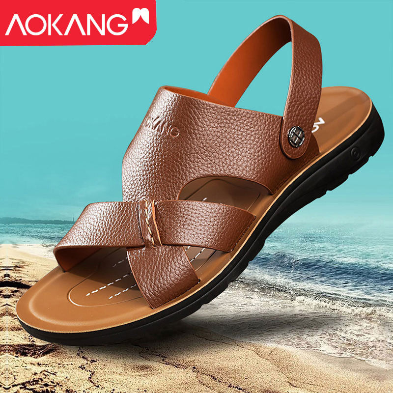 AOKANG SANDALS MENS GENUINE LEATHER SOFT SOLE PLUS SIZE MENS SANDALS SUMMER STYLE MIDDLE-AGED AND ELDERLY DAD DUAL-USE CASUAL SLIPPERS