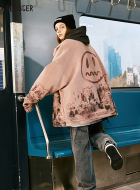 BEASTER小恶魔鬼脸外套情侣国潮宽松羊羔毛高领毛绒加厚保暖夹克