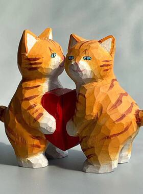 纯手工木雕情侣见证美好爱情的小猫咪一对可爱讨喜书房桌摆礼物