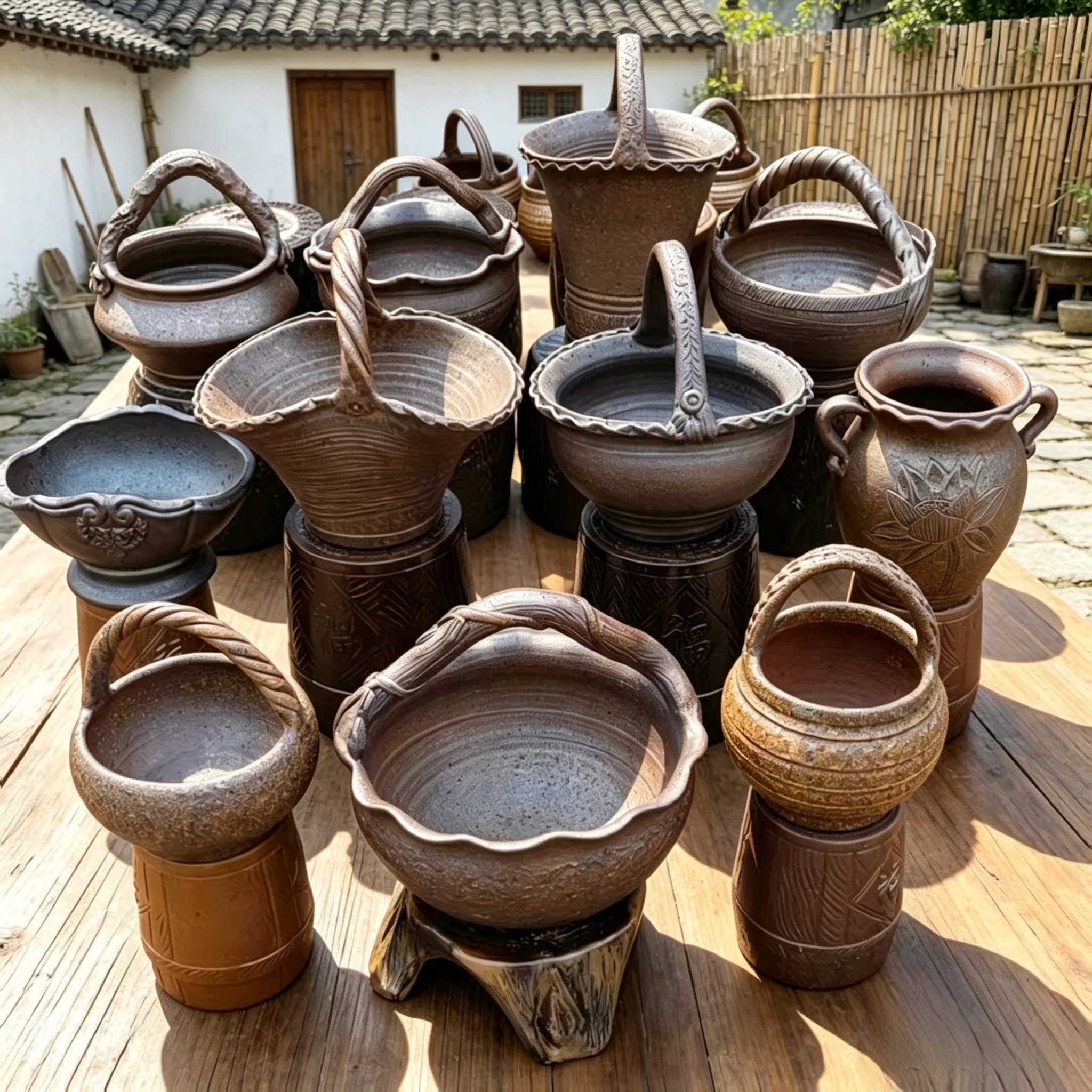 复古粗陶花盆手工透气提篮水桶宜兴绿植水培装饰摆件还原柴烧仙人
