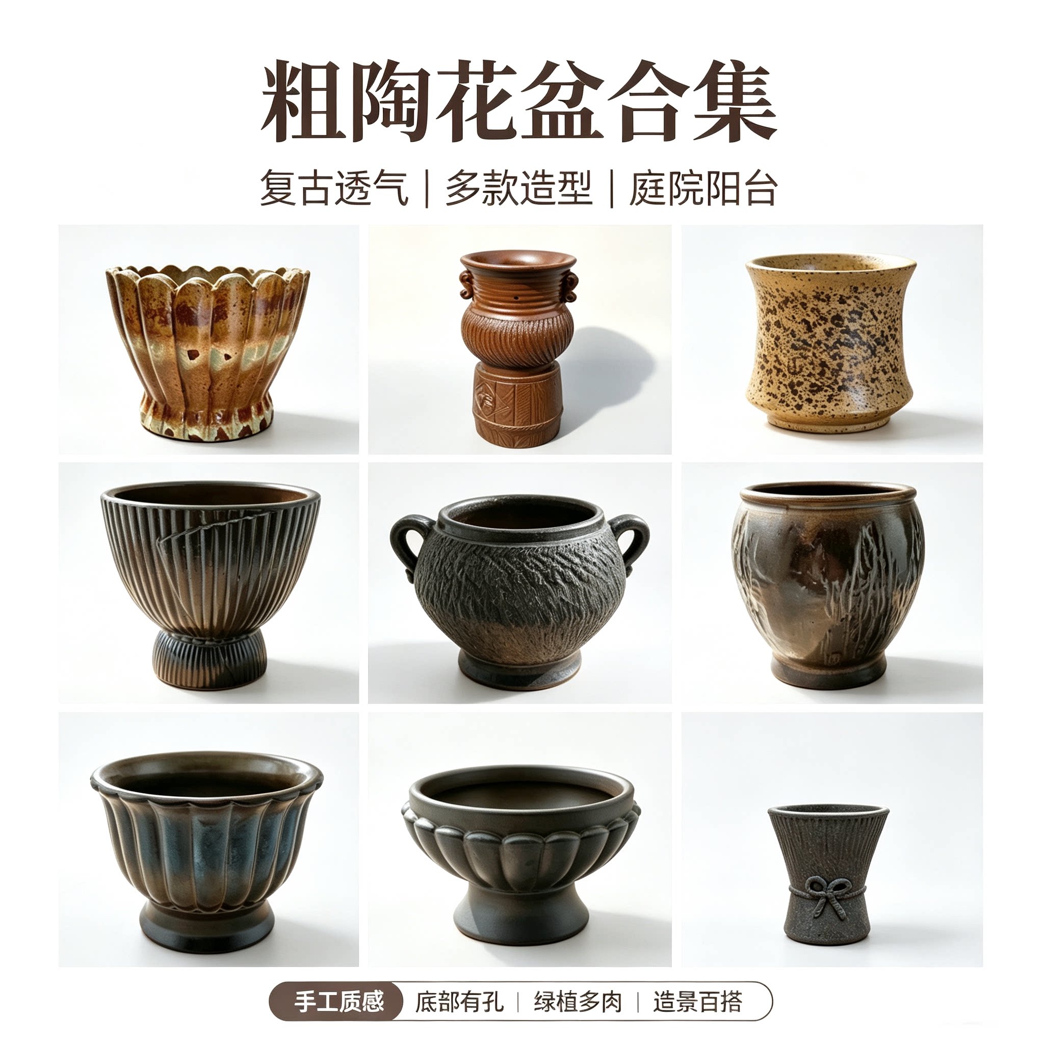 复古粗陶花盆大号 老桩多肉绿植陶土盆 庭院阳台手工陶罐透气花器