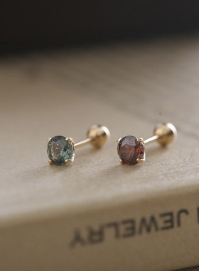 JIN14K金耳钉简约闪亮复古茶色墨绿色四爪拧螺丝耳骨钉气质女款