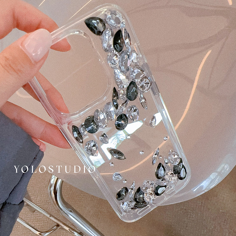 YOLO原创 简约爆闪轻奢黑白水晶带钻iPhone17Promax手机壳创意个性苹果16Pro水钻14/15/13透明全包保护套女