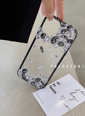 YOLO原创简约高级冷淡黑白适用iPhone16Promax水钻手机壳苹果17Pro透明爆闪14手机壳15Pro个性定制带钻保护套