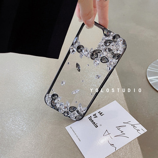 YOLO原创简约高级冷淡黑白适用iPhone16Promax水钻手机壳苹果17Pro透明爆闪14手机壳15Pro个性 定制带钻保护套