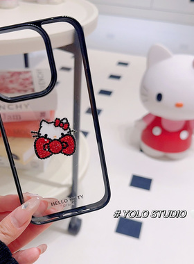 YOLO 新款可爱闪钻kitty猫蝴蝶结16promax手机壳个性iPhone15Pro防摔保护套14高级卡通透明创意凯蒂猫壳小众