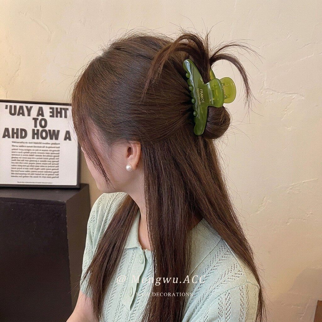 高级感绿色头发抓夹女发量少发卡半扎发气质发抓发卡盘发夹子头饰