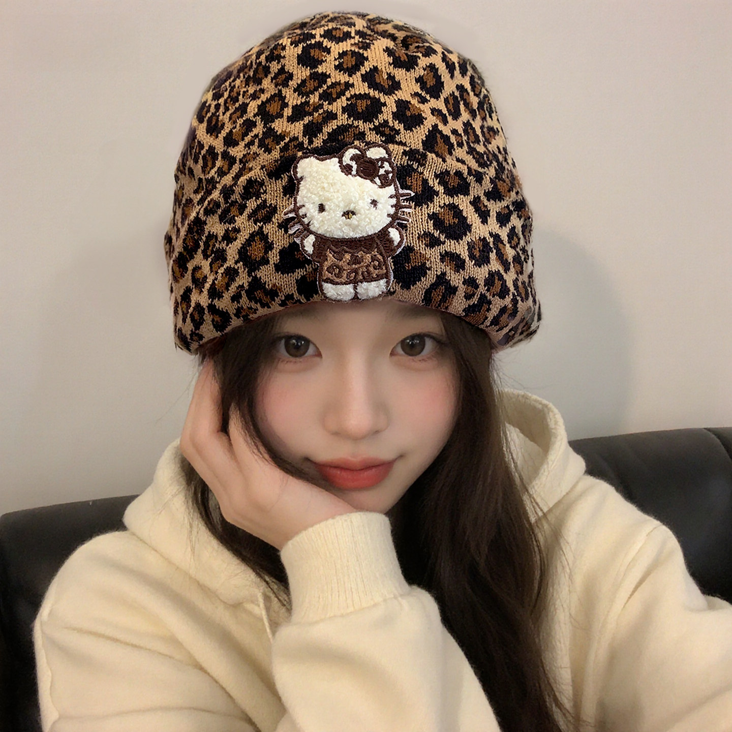 豹纹卡通针织帽女秋冬保暖毛线帽个性时尚百搭帽子ins风韩版kt猫