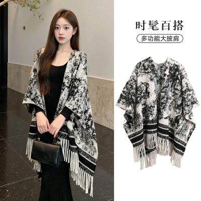 秋冬季复古水墨画双面披肩外搭女高级感保暖披风围巾大斗篷厚外套